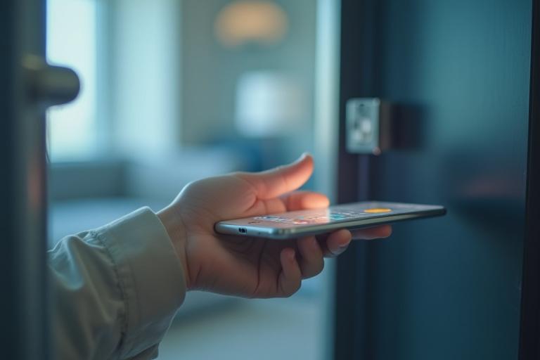 Une main déverrouille une porte d'hôtel mobile, symbolisant la simplification et l'innovation