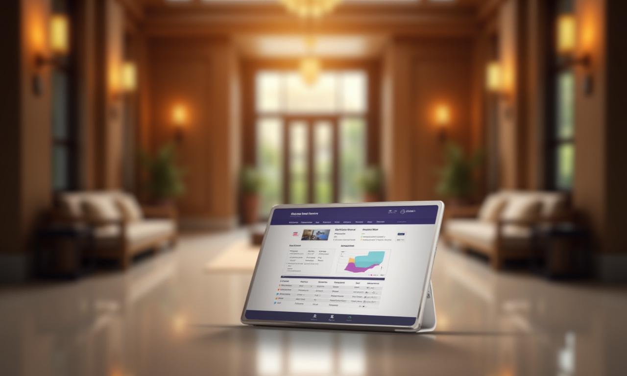 Vue moderne d'un hall d'hôtel luxueux, avec une tablette affichant l'interface du logiciel Verglas PMS