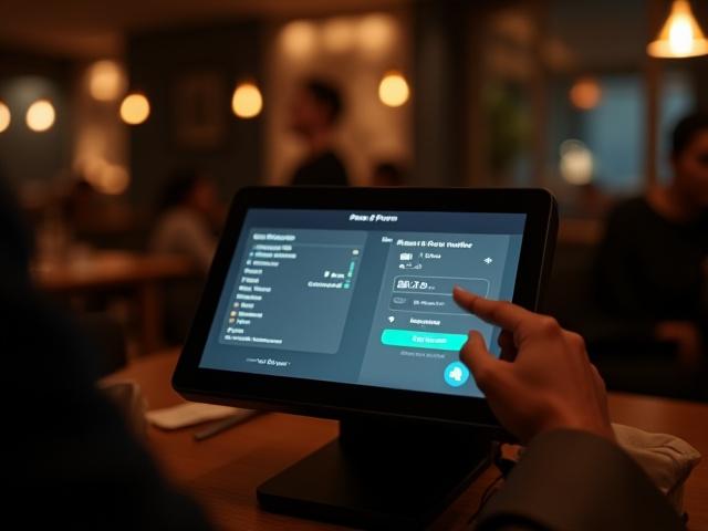 Terminal de point de vente (POS) dans un restaurant d'hôtel, affichant des options pour facturer directement sur la chambre.