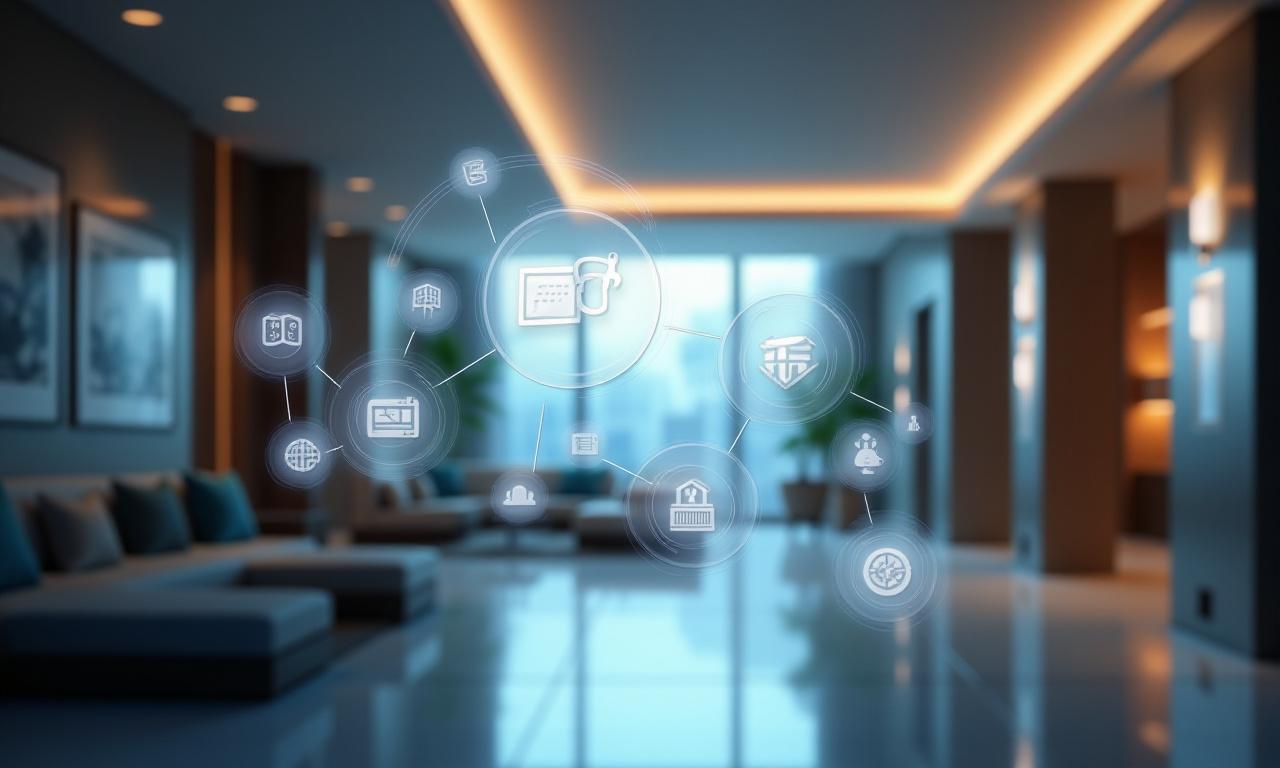 Illustration d'un hôtel moderne avec divers icônes de services flottants, représentant les solutions de gestion Verglas PMS